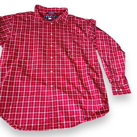 Tommy Hilfiger 90s Plaid Shirt Mens Large Red Long Sleeve Button Up Vintage - Picture 6 of 16